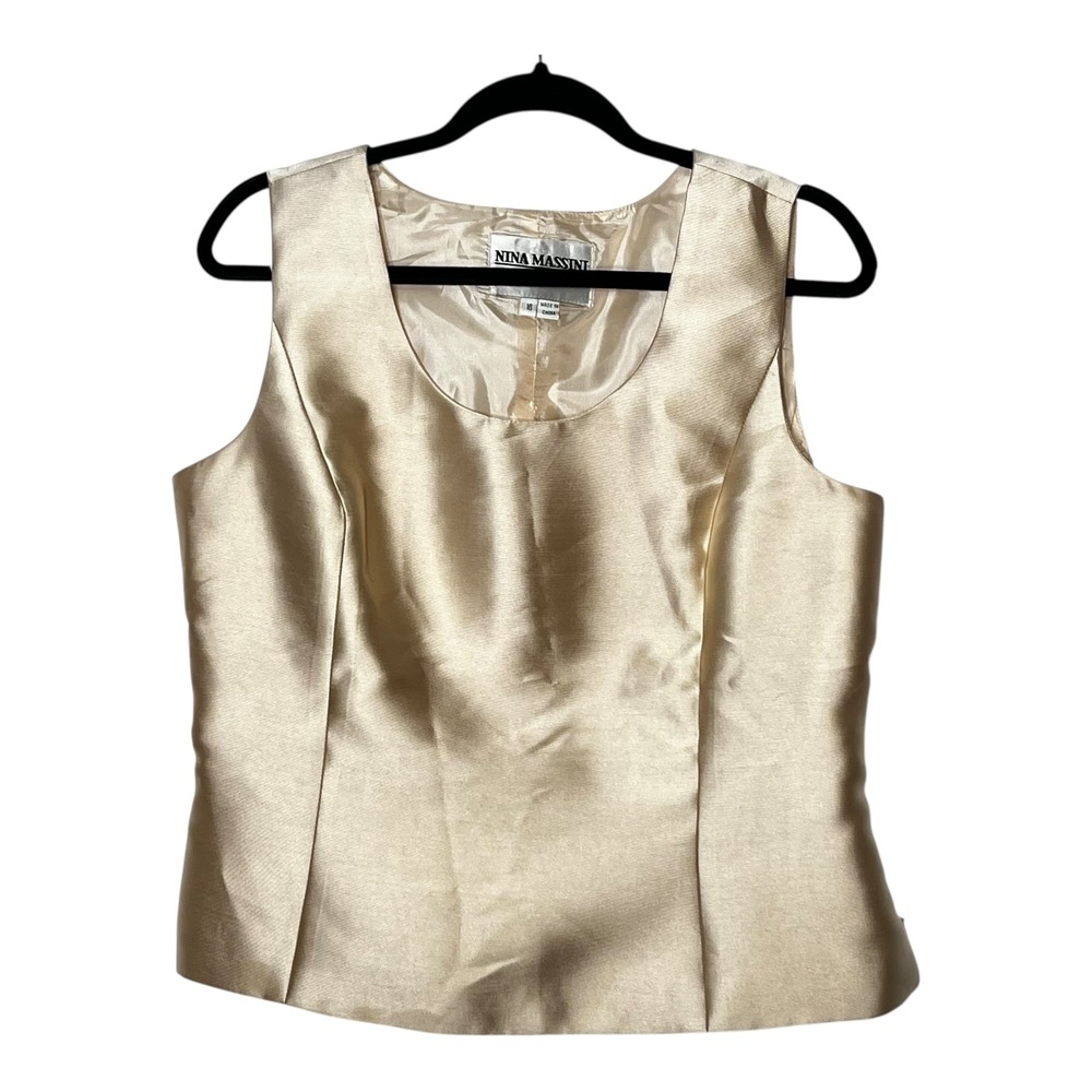 Nina Massini Champagne Gold Satin Shell Top Sleeveless Scoop Neck Blouse Size 16